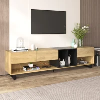 Meuble TV Bas Moderne en Bois avec Pieds en Métal, Trois Tiroirs et Étagères, 200x40x50 cm - Meuble TV Scandinave, Naturale+Noir(m-1)