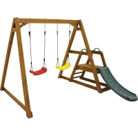 Balançoire Double pour Enfants en Bois Massif avec Toboggan, Échelle d'Escalade et Structure d'Extérieur, 239x240x169 cm, Naturel(m-2)