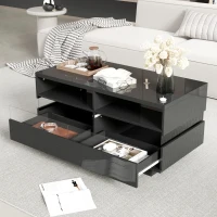 Hochglanz Couchtisch mit LED-Beleuchtung, zwei Ablagefächern und Schubladen, modernes Design, Schwarz(m-6)