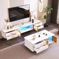 TV-Schrank in Marmoroptik mit LED-Beleuchtung, 4 Schubladen und 2 Türen aus gehärtetem Glas, vergoldete Griffe, Modernes Design für Wohnzimmer, Weiß und Gold(m-6)