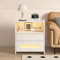 Ensemble de 2 tables de chevet modernes avec éclairage LED, 2 tiroirs et télécommande, en mélamine de haute qualité, pour chambre, Noir + Blanc(m-4)
