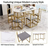 Six-Chair Dining Table Set, Modern Dining Table and Chairs with Backrests and Upholstery, Gold Iron Frame, 140x80x76 cm, Gold(m-7)