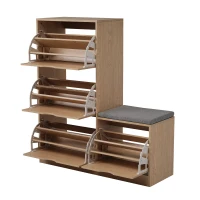 Schuhschrank mit 4 Klappen und Sitzbank, weiches Sitzkissen, grifflose Schuhkommode in Naturholzoptik, Natur(m-6)