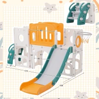 Toboggan pour enfants multifonctionnel 6 en 1 avec rampe, double plateforme, casiers, panier de basket et échelle，174x150x95 cm, Vert antique(m-3)