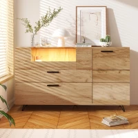 Buffet moderne avec porte vitrée et lumière LED, contrôlable via application, grand espace de rangement, 140x38x79,5 cm, Naturelle(m-4)