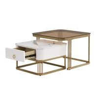 Ensemble de Tables Basses Gigognes en Marbre Poli et Verre avec Détails Dorés et Tiroirs, 60x60x42,5 cm + 50x50x34 cm, Blanc(m-6)