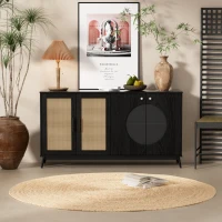 Sideboard mit Glastüren aus Rattan, halbrundem Design und großem Stauraum, Schwarz(m-1)