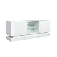 Meuble TV Moderne Brillant avec Étagère en Verre Réglable et Charnières Silencieuses, Support pour TV jusqu'à 70 Pouces, 160x38,5x60 cm, Blanc(m-2)