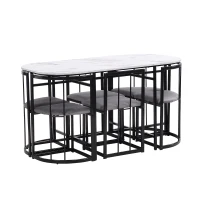 Modern Rattan 6 Seater Garden Dining Table Set with Backrest Chairs and Cushions, Black Iron Frame, 140x80x76 cm, Black(m-10)