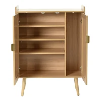 Sideboard Kommode mit Rattan-Türen, verstellbaren Regalböden und Massivholzfüßen - Schuhschrank mit Metallgriffen und Kippsicherung, Natur(m-8)