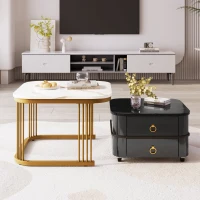 Ensemble de 2 Tables Basses Gigognes avec Plateau en Marbre Brillant et Verre, Structure en Métal et Tiroirs, 60x60x42 cm + 50x50x34 cm, Noir(m-1)