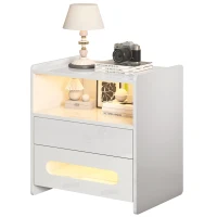 Ensemble de 2 tables de chevet modernes avec éclairage LED, 2 tiroirs et télécommande, en mélamine de haute qualité, pour chambre, Noir + Blanc(m-8)