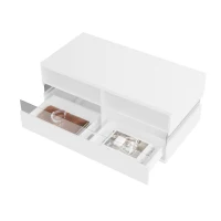 Hochglanz Couchtisch mit LED-Beleuchtung, zwei Ablagefächern und Schubladen, modernes Design, Weiß(m-4)