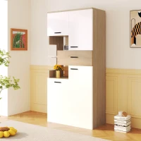 Moderne Hochglanz-Vitrine mit LED-Beleuchtung und Glastüren, App-gesteuert, für Wohnzimmer und Esszimmer, Weiß und Holzfarbe(m-5)