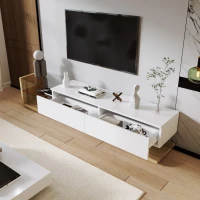 TV-Schrank Hochglanz mit LED-Beleuchtung und Glasböden, Modernes Design im Landhausstil, Weiß(m-9)