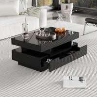 Couchtisch schwarz, LED-Lichtleiste, 4 Schubladen, 80x50 cm, moderner Wohnzimmerschmuck, Schwarz