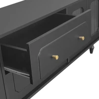 Meuble TV Mobile au Style Rétro avec Poignées Dorées, Grand Espace de Rangement, Porte en Verre et Pieds en Bois Massif, 175x38x55,5 cm, Noir(m-7)