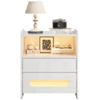 Ensemble de 2 tables de chevet modernes avec éclairage LED, 2 tiroirs et télécommande, en mélamine de haute qualité, pour chambre, Noir + Blanc(m-2)