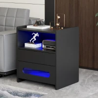 Table de chevet intelligente avec télécommande et grand espace de rangement, avec éclairage LED intégré et 2 tiroirs, mélamine, 50x40x58 cm, Noir(m-6)