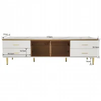 TV-Schrank in Marmoroptik mit LED-Beleuchtung, 4 Schubladen und 2 Türen aus gehärtetem Glas, vergoldete Griffe, Modernes Design für Wohnzimmer, Weiß und Gold(m-3)