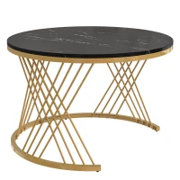 Lot de 2 tables basses gigognes rondes, plateau effet marbre et tiroirs en rotin synthétique, pieds métal, 70x70x45,5 cm + 50x50x38,5 cm, Noir(m-9)