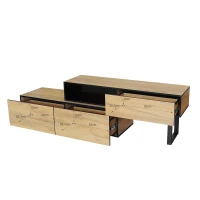 Meuble TV modulable à longueur réglable, trois tiroirs et un grand compartiment, 120x34,5x30 cm + 120x34,5x50 cm, style scandinave, coloris Naturel(m-7)