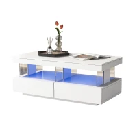 Table Basse Moderne avec Éclairage LED et Étagères en Acrylique, 100x60x49,5 cm, Blanc(m-6)