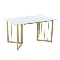 Modern Oblong Dining Room Tables with V-shaped Support Legs, Marble Top Extendable Table with Metal Frame, 140x80x75 cm, White+Gold(m-2)