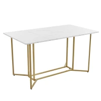 Modern Dining Room Table in Marble Top with Adjustable Metal Legs, Rectangular Extendable Table for Kitchen, 140x80x75 cm, White+Gold(m-2)