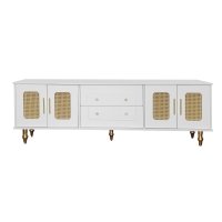 Meuble TV rétro avec poignées dorées, portes en rotin et pieds en métal, grand espace de rangement, 175x38x55,5 cm, Blanc