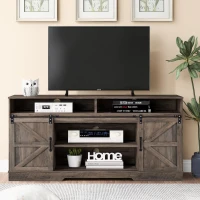 Petit meuble TV de style ferme avec 2 portes coulissantes et étagères réglables, adapté au salon et à la salle à manger, 150x40x81,5 cm, Gris délavé(m-5)