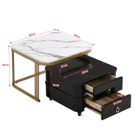 Ensemble de 2 Tables Basses Gigognes avec Plateau en Marbre Brillant et Verre, Structure en Métal et Tiroirs, 60x60x42 cm + 50x50x34 cm, Noir(m-3)