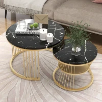 Ensemble de 2 Tables Basses Modernes Gigognes en MDF avec Finition Effet Marbre et Structure Métallique Dorée, 70x70x47 cm + 45x45x40 cm, Noir(m-5)