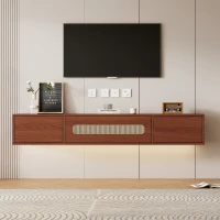 Meuble TV suspendu scandinave en rotin et panneaux de particules avec 3 portes coulissantes, supporte des téléviseurs jusqu'à 60", 140x40x20 cm, Noyer(m-4)