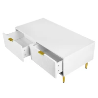 Table basse moderne avec 2 tiroirs et design à rayures verticales, 100x50x40 cm - Table basse en solde, Blanc+Or(m-9)