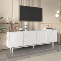 Meuble TV élégant en style luxueux avec portes structurées et étagères réglables, 175x38x56 cm, Blanc(m-1)