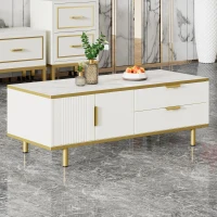 Table basse moderne avec tiroirs, design rayé, plateau en faux marbre et détails en métal doré, 100x50x43 cm, Blanc(m-4)