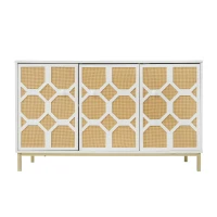 Dreitüriges Sideboard mit Rattantüren, verstellbaren Einlegeböden und vergoldeten Füßen für das Wohnzimmer, Weiß(m-2)