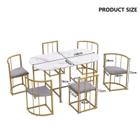 Six-Chair Dining Table Set, Modern Dining Table and Chairs with Backrests and Upholstery, Gold Iron Frame, 140x80x76 cm, Gold(m-3)