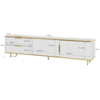 Meuble TV Bas avec Texture Sculptée, Poignées et Pieds Dorés, Structure Effet Marbre pour Salon, 175x40x45 cm - Style Scandinave, Blanc(m-3)