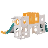 Toboggan pour enfants multifonctionnel 6 en 1 avec rampe, double plateforme, casiers, panier de basket et échelle，174x150x95 cm, Vert antique(m-7)