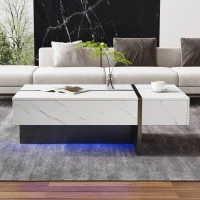 Table basse moderne relevable avec éclairage LED intégré, 16 couleurs, surface brillante effet marbre et 3 tiroirs, 105x60x35 cm, Blanc(m-4)
