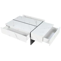 Table basse moderne relevable avec éclairage LED intégré, 16 couleurs, surface brillante effet marbre et 3 tiroirs, 105x60x35 cm, Blanc(m-9)