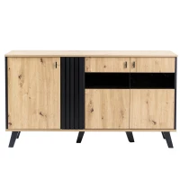Designer-Sideboard mit LED-Beleuchtung und Glastüren, vielseitig und stilvoll, Schwarz + Holz(m-2)