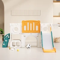 Toboggan pour enfants multifonctionnel 6 en 1 avec rampe, double plateforme, casiers, panier de basket et échelle，174x150x95 cm, Vert antique(m-1)