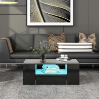 Table basse moderne avec 2 tiroirs et 2 étagères, structure en aggloméré, éclairage LED, 95x53x37 cm en solde, Noir(m-4)