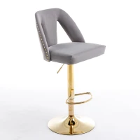 Set of 2 Adjustable Bar Stools with Hollow Backrest Design, Electroplated Gold Legs, 360° Rotatable, Seat Height 63.5-83.5 cm, Base 41x41 cm, Load-Bearing up to 136 kg, by Woltu, Grey(m-6)