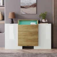 Sideboard und mit LED-Beleuchtung, Modernes Design und Viel Stauraum, Weiß + Holzfarbe(m-1)