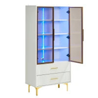 Vitrine Élégante en Verre avec Deux Portes, Pieds Dorés et Étagères Réglables, Éclairage LED Multicolore, 70x35x150 cm, Blanc(m-6)