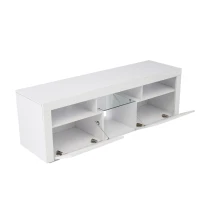 Meuble TV scandinave sur pied et mural avec éclairage LED, étagères ouvertes et compartiments rabattables, moderne brillant 140x40x45 cm, Blanc(m-10)